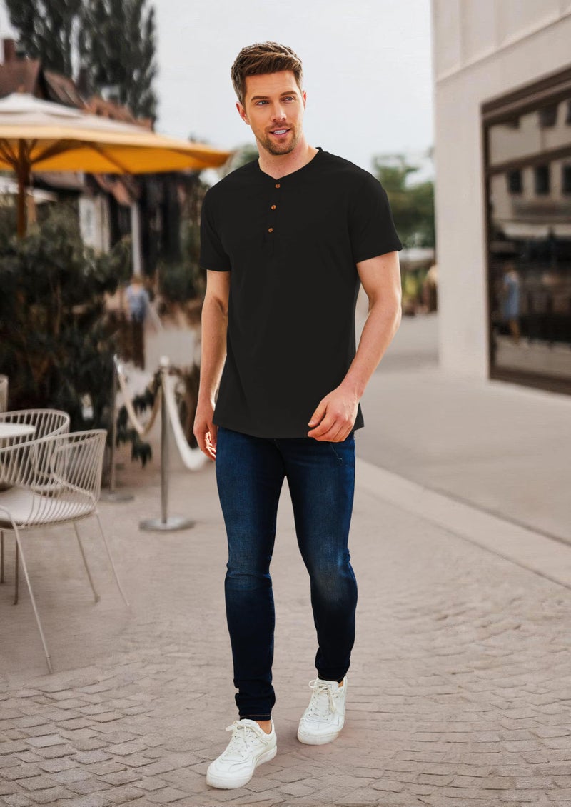 PEGENO Men's Casual Slim Fit Short Sleeve Henley T-Shirts Cotton Shirts Black-US XXL - Image 5